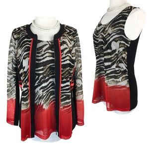 Brownstone Studio Animal Print Red Cami w/ Zip Up Cardigan 2 Piece Set Medium